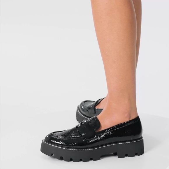 Franco Sarto NIB Balin Lug Sole Penny Loafer Black Crinkle Patent Leather SZ9 - Picture 2 of 11